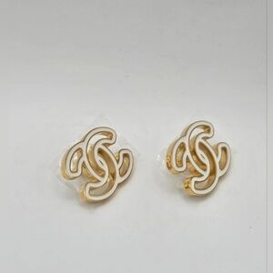 Elegant Gold and White Earrings CC Chanel Style Studs